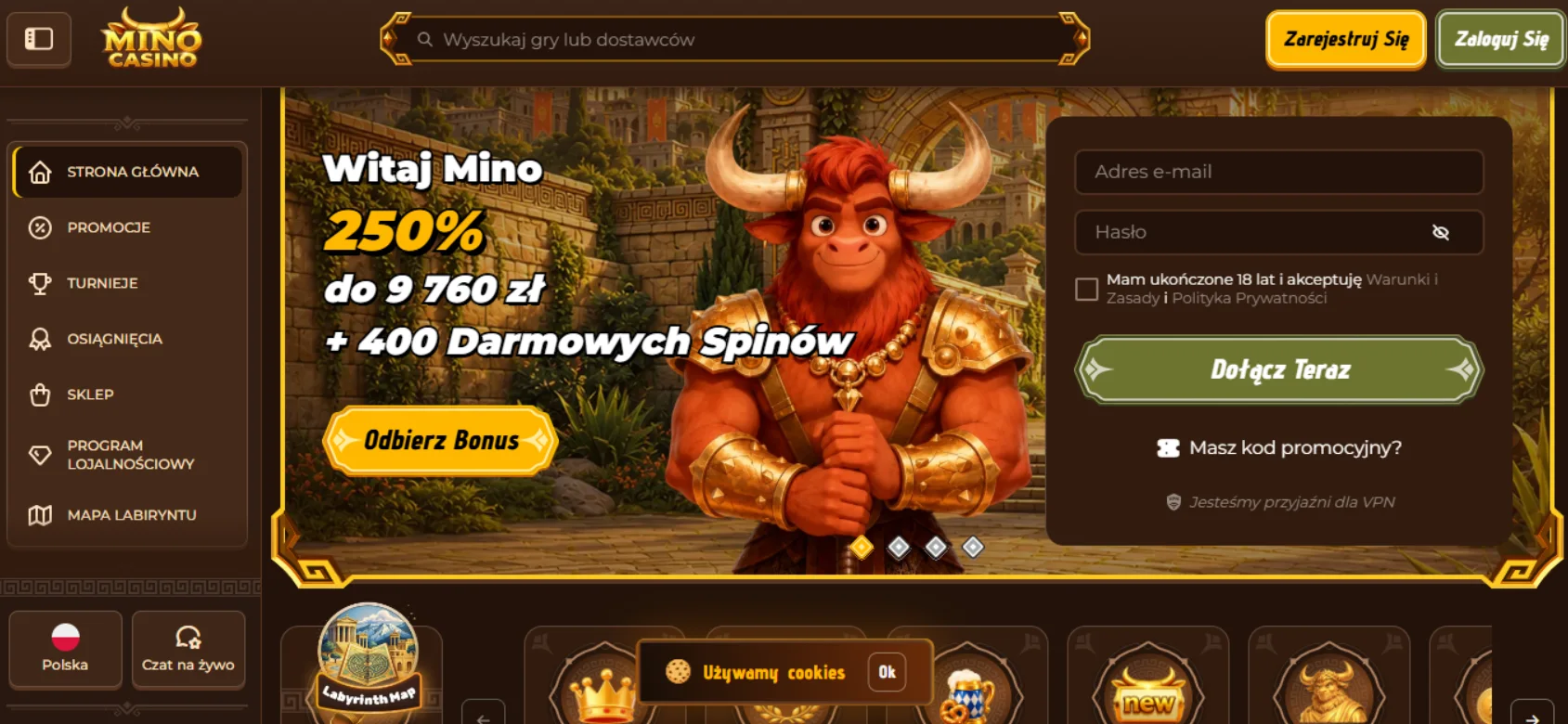 Mino Casino – widok serwisu